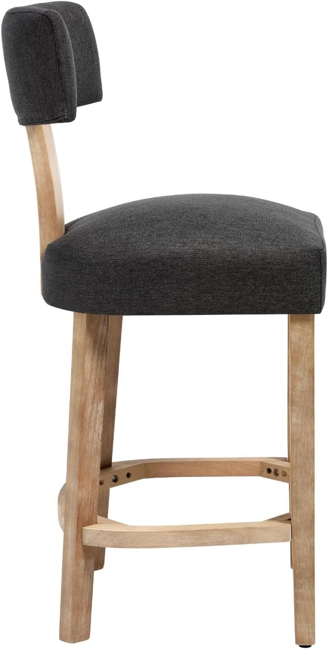 Linen Bar Stools Set of 2, Upholstered 27.7'' Counter Height Barstools with Curved Back, Farmhouse Wood Bar Chairs for Breakfast, Kitchen Island, Cafe, Gray