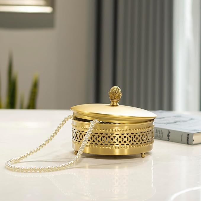 Gold Brass Decorative Boxes With Strawberry shape Handles, Jewelry Boxes Modern Storage Boxes，Round Hammered Metal Container, Brass Finish