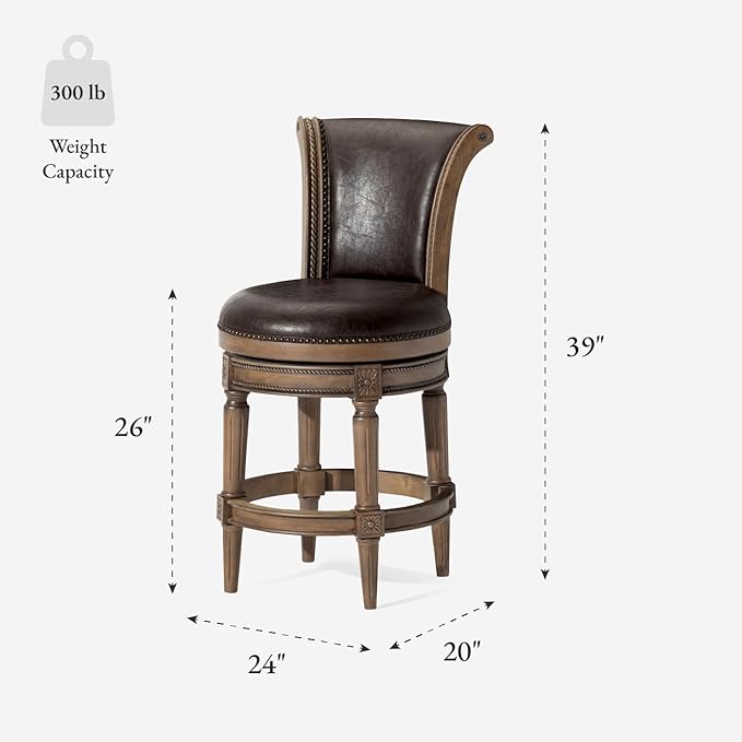 Maven Lane Pullman Counter Stool 26 Inches – Swivel Stool with Footrest – Brown Solid Wood Frame & Beige Faux Leather Upholstery – Perfect for Kitchen Islands & Counters