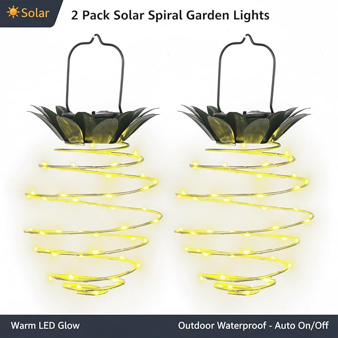 2 Pack Waterproof Solar Lanterns Outdoor, 60LED Hanging Lights with Pineapple Pattern, Solar Garden Lights Outdoor for Patio Yard Decor, Gift for Grandma Gardeners Women