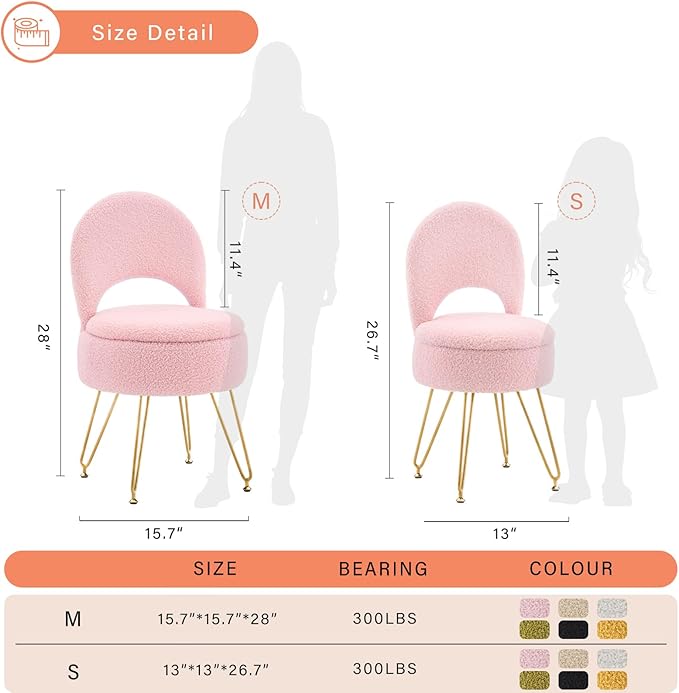 Ottoman Teddy Velvet Vanity Stool Chair with Folding Back Multifunctional Upholstered Makeup Chair, 4 Metal Legs with Anti-Slip Feet for Bedroom Living Room Entryway(Pink,M)