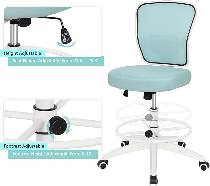 HYLONE Drafting Chair Adjustable Height Tall Office Chairs Standing Desk Chair Rolling Stool Chair Armless Office Drafting Chair Blue