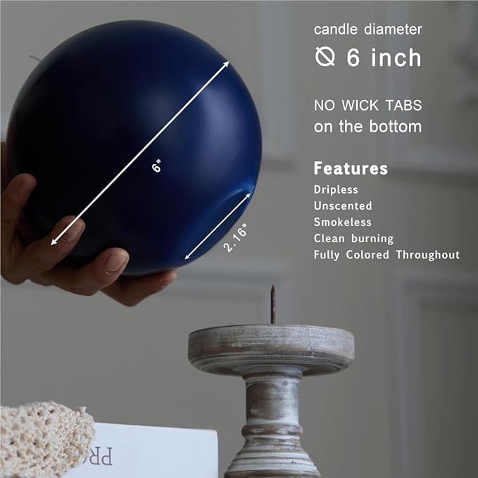 MOZEAL Hand-Poured, 6 Inch Navy Blue Large Round Ball Candles - Elegant Navy Blue Round Pillar Candles, Dripless, Unscented, Smokeless, Ideal for Formal Events.