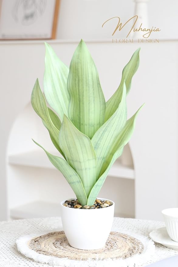 17" Artificial Snake Plant Potted,Fake Sansevieria Floor Plant Real Looking with White Planter for Centerpiece Home Decor (White&Green)