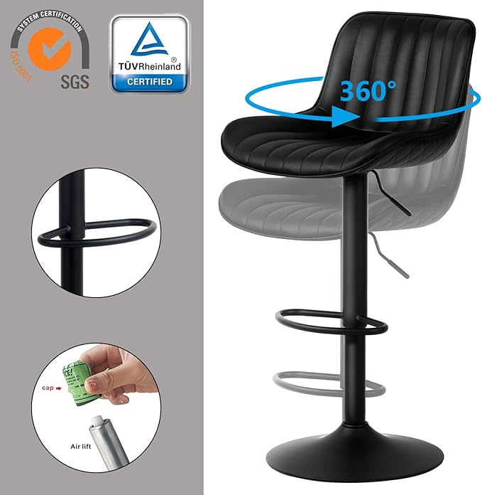 YOUNUOKE Black Bar Stools Set of 2 Adjustable Counter Height Stools Modern Swivel Barstools with Backs Mid Century PU Leather Upholstered Bar Chairs for Kitchen Island