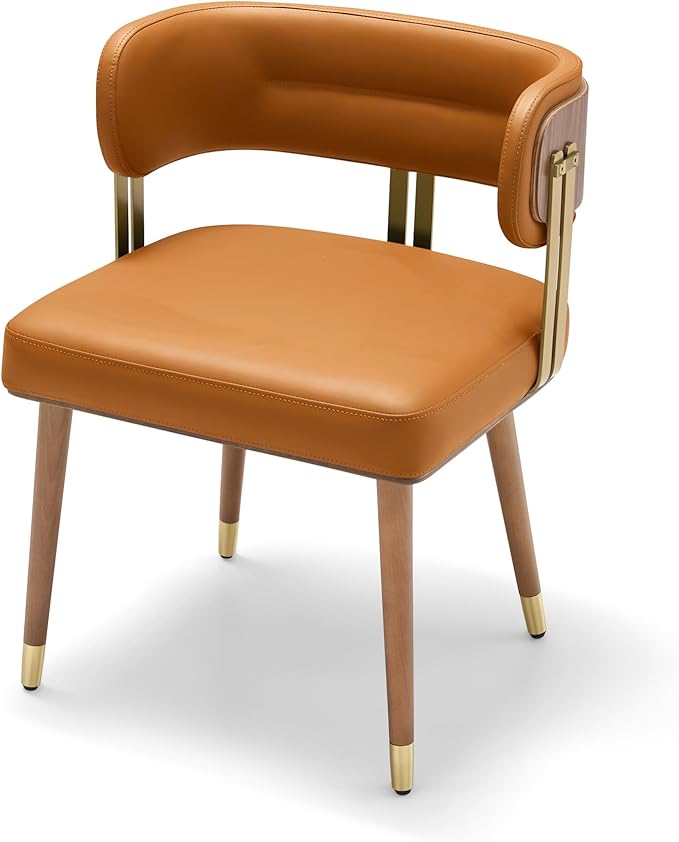 Modern Mid-Century Upholstered Leather Dining Chairs with High-Resilience Foam, Walnut Wood Veneer&Gold Metal Legs,Dining Chairs with Anti-Slip Pads,Cinnamon Orange