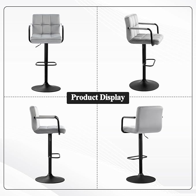 Furniliving Bar Stools Set of 2 with Armrest, Adjustable Square Velvet Barstools for Kitchen Counter, 360°Swivel Counter Barstools for Dining Room(Grey)