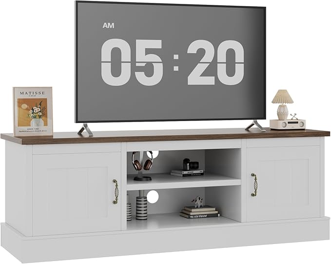 Farmhouse TV Stand for 65 Inch TVs Entertainment Center with Storage Cabinets Modern Media Console Table Rustic Wood Design for Living Room Office 61 * 17.7 * 21.7 Inch White&Brown