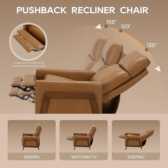COLAMY Push Back Recliner Chair, Upholstered Leather Recliner with Footrest 118-150 Degree Adjustable, Comfy Modern Wingback Recliner for Living Room, Bedroom,Small Spaces,Camel