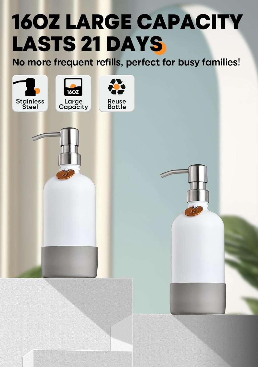 [Luxurious] Hand and Dish Soap Dispenser Set, Kitchen Soap Dispenser Set with Handmade Leather Tag, Instant Dry Tray, Stainless Steel Pump, Non-Slip Pad, Add Elegant Touch to Your Kitchen Sink