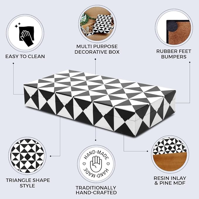 Handicrafts Home Handmade Triangle-B&W Collection Decorative Jewelry Box Organizer – Keepsakes, Trinkets, and Home Decor – Antique Coffee Table Storage, Memory Box, Farmhouse Style Decor, 12x6x2