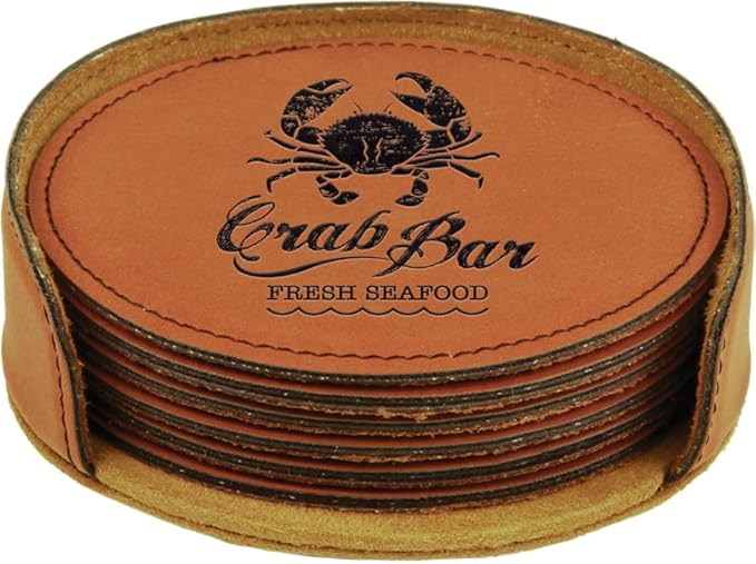 Custom Engraved Coasters | Personalized Leather Coaster | Set of 6 | Drink Coasters with Holder | Laser Engraved | Tabletop Protection | Gift for Couples (Round 4", Rawhide w/Black)