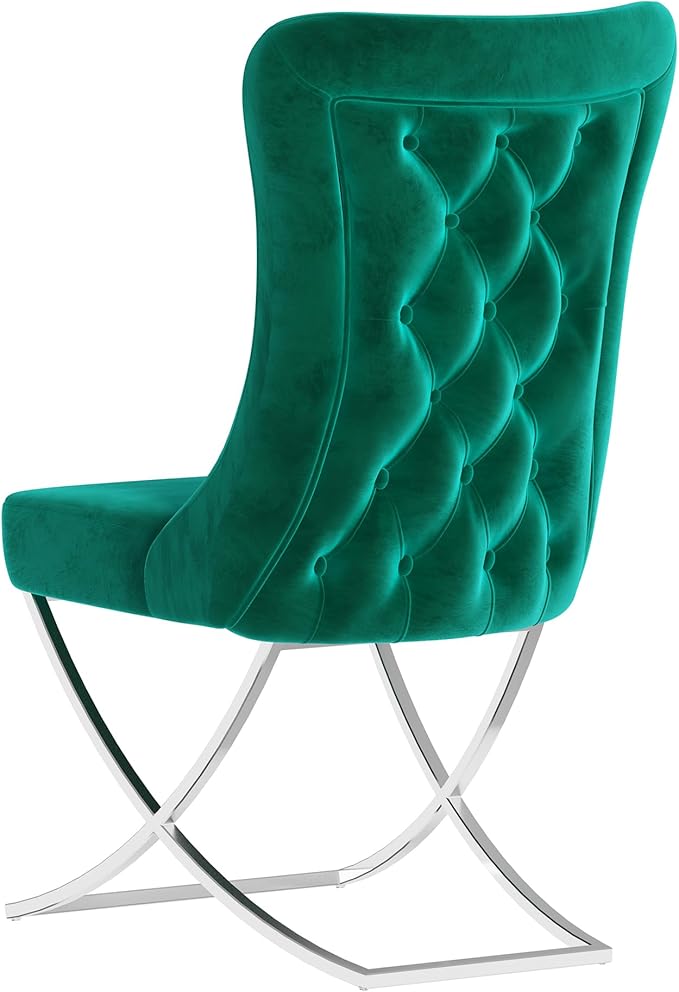Ottomanson Royal Dining Chairs Set of 4 – Upholstered Tufted Microfiber, Assembled, Silver Metal Legs, Beech Wood Frame, 350 lb Capacity, Green