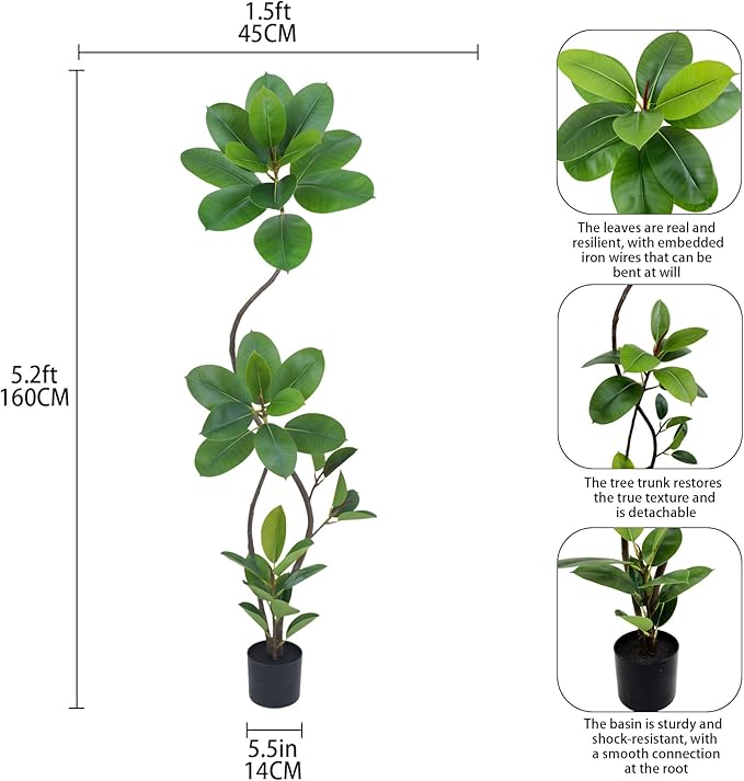 Artificial Rubber Tree Plant, 5.3ft Tall Green with Round Planter, All Season Home Decor (Green,5.3ft)