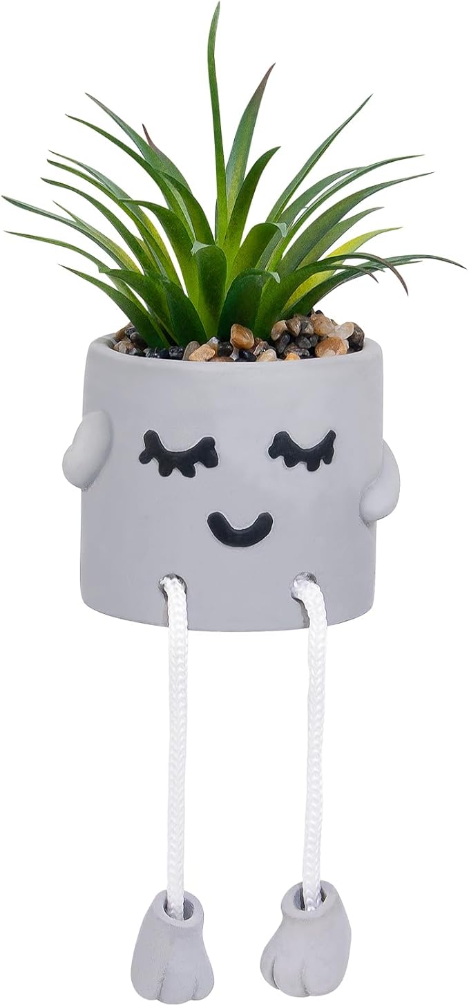 Cute Artificial Succulents Plants in Cement Pots with Hanging Legs - Small Fakeplants Kitchen Shelves Decor, Bathroom Shelf Decoration, Shelf Decoration Accents, Office Wall Decor - Set of 1
