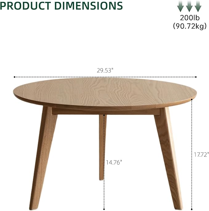 100% Solid Oak Wood Mini Coffee Table, Round Side Table w/Solid Wood Legs, Minimalist Coffee Table w/Sturdy Frame for Bedroom Balcony Living Room (29.53" D x 17.72" H)
