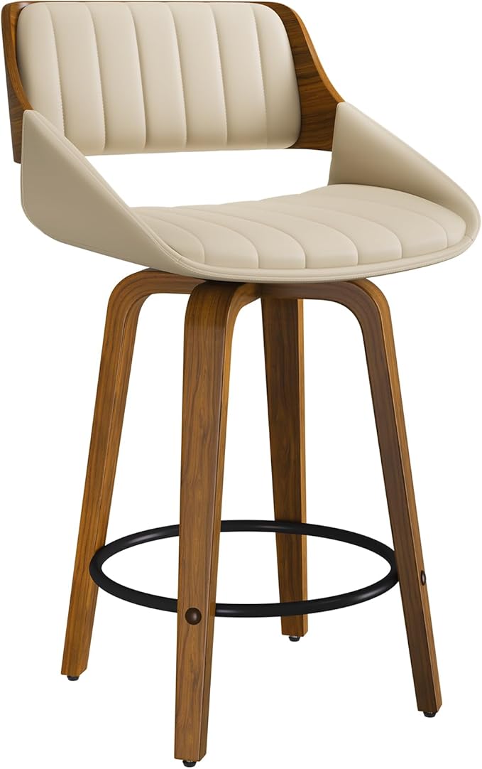 Bar Stools Set of 1, 26" Swivel Counter Height Barstools with Walnut Bentwood Back and Legs, Mid-Century Modern Faux Leather Upholstered Cream Bar Chairs for Kitchen Island, Café, Dining Room, Beige