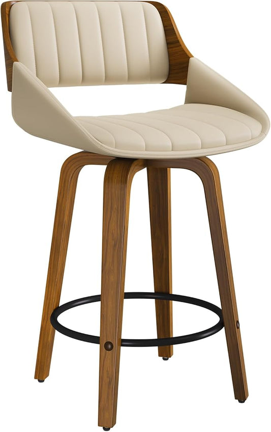 Bar Stools Set of 1, 26" Swivel Counter Height Barstools with Walnut Bentwood Back and Legs, Mid-Century Modern Faux Leather Upholstered Cream Bar Chairs for Kitchen Island, Café, Dining Room, Beige