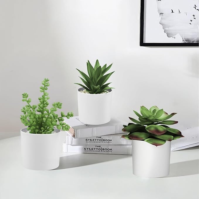 Hopewood Succulent Plants Artificial in White Pots Small Faux Potted Succulents Fake Plants in Vase Set of 3