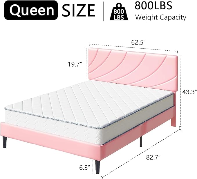 HOMBCK Queen Bed Frame with Headboard, Upholstered Bed Frames, Strong Wooden Slats, No Box Spring Needed, Easy Assembly, Pink