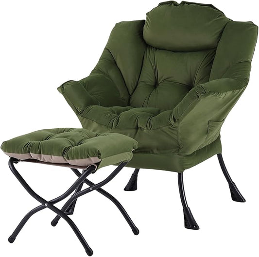Welnow Lazy Chair with Ottoman, Modern Reading Lounge Accent Chair with Armrests and a Side Pocket, Leisure Upholstered Lazy Sofa Set with Footrest for Small Space, Army Green