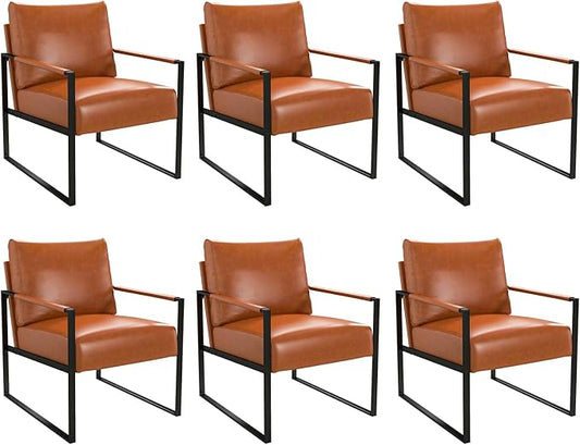 Phoenix Home PU Leather Accent Chair Set of 6, Leisure Metal Framed Armchair with Extra Soft Padded and Cushion, 105 Degree Slant Back, Modern Reading Arm Chair for Living Room/Office/Bedroom, Brown