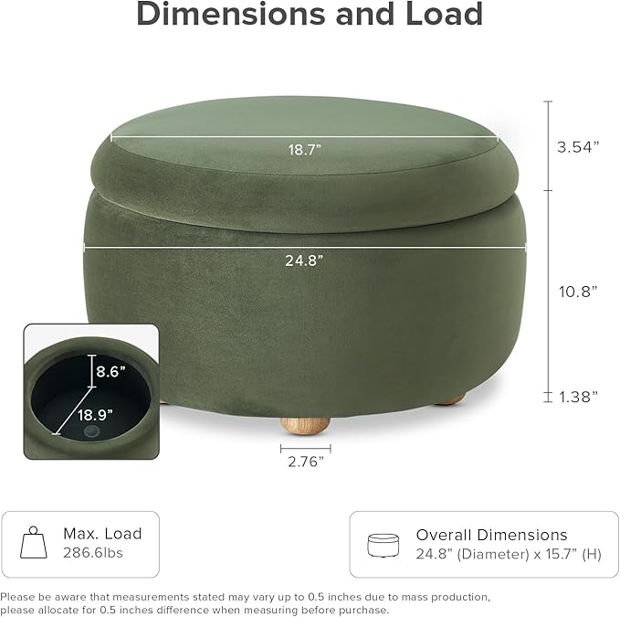 mopio Luna Round Ottoman with Storage and Tray, Round Coffee Table with Storage, Upholstered Foot Stools Ottoman for Living Room, Bedroom, with Solid Rubberwood Legs (Olive Green Premium Velvet)
