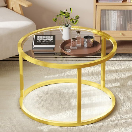 Glass Coffee Table Modern Center Table,Minimalist Round Coffee Tea Table with LED Lights,Simple Tea Cocktail Modern Center Tables for Home, Office, Bedroom,Gold