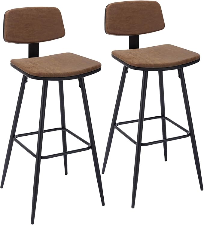 Modern Bar Stools 29 Inch Counter/Bar Height Barstools Set of 2 Leather Upholstered Barstool Chairs with Low Back for Kitchen Island, Dining Table & Breakfast Bar, Brown