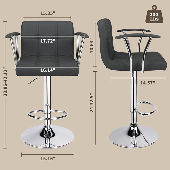 Bar Stools Set of 2,Armrest Adjustable Swivel Barstools with Back,Double Needle PU Leather Counter Height Bar Stools for Kitchen Island, Grey
