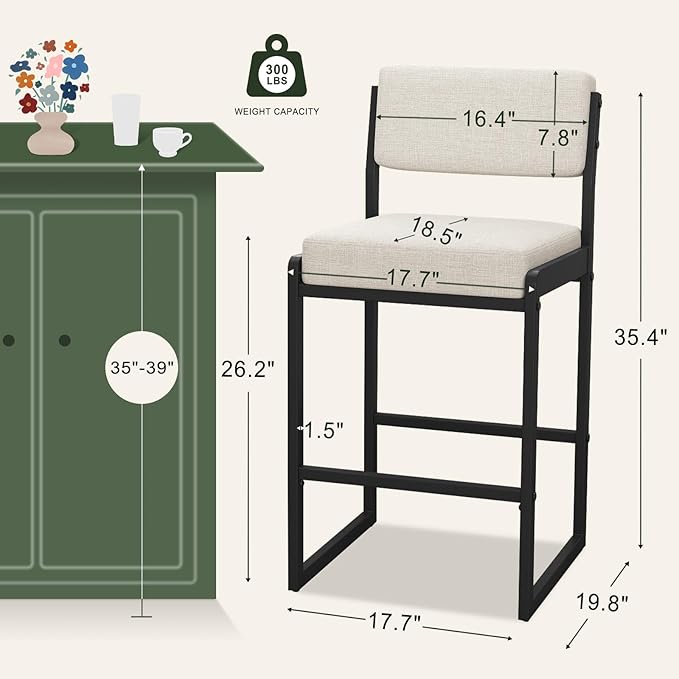 Mid Century Modern Counter Height Bar Stools Set of 3, 26" Bar Height Chairs with Backs, Upholstered Counter Stools, Metal Barstools for Kitchen Island (Beige- Fabric, 26" H - Set of 2)