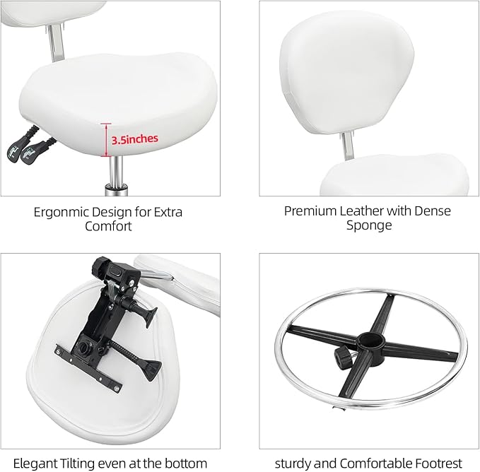 Grace&Grace Drafting Chair Adjustable Tall Shop Stool, Rolling Chair with Backrest and Footrest for Computer, Studio, Workshop, Classroom, Lab, Counter, Home Office (White)