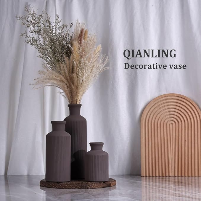 Brown Ceramic Vases Set - 3 Brown Small Vase, Farmhouse Country Vases Home Decor, Living Room Decoration, Table Decoration, Fireplace Decor, and Entrance Decorations Centerpieces