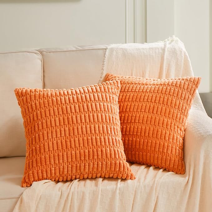 Fancy Homi 2 Packs Fall Burnt Orange Decorative Throw Pillow Covers 18x18 Inch for Living Room Couch Bed Sofa, Soft Striped Corduroy Square Cushion Case 45x45 cm, Rustic Farmhouse Boho Home Decor