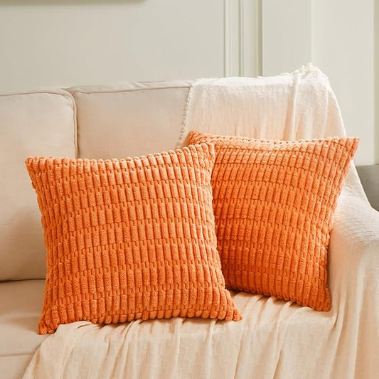 Fancy Homi 2 Packs Orange Decorative Throw Pillow Covers 20x20 Inch for Living Room Couch Bed Sofa, Soft Striped Corduroy Square Cushion Case 50x50 cm, Rustic Farmhouse Boho Fall Home Decor