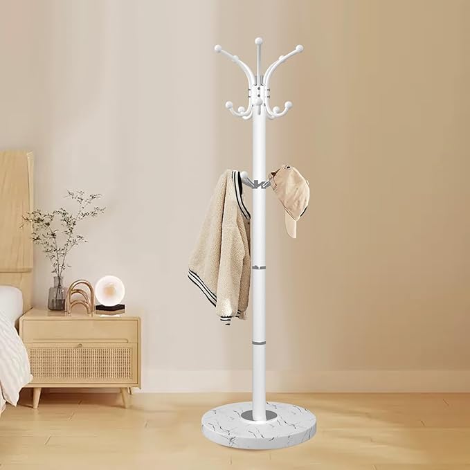 Metal Coat Rack Stand with Natural Marble Base, Modern Coat Rack Freestanding, 360°Rotary Coat Racks with 14 Hooks, Heavy Duty Coat Hall Tree Hanger Stand for Entryway, Office