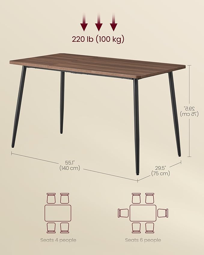 VASAGLE Dining Table, Dining Room Table for 4-6 People, Modern Farmhouse, for Kitchen, Quick Assembly, Heat-Resistant Surface, 29.5 x 55.1 x 29.5 Inches, Natural Walnut and Ink Black UKDT100K02V1
