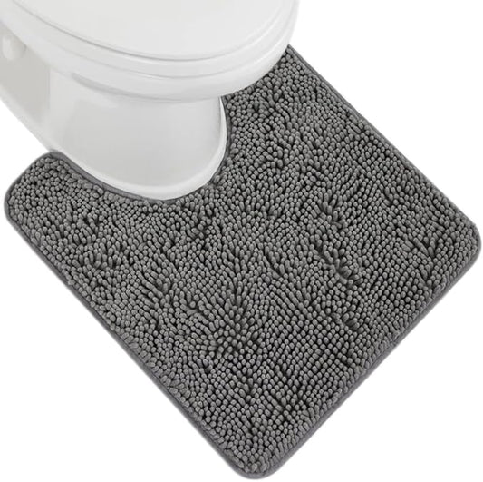 GORILLA GRIP Plush Absorbent Shaggy Chenille Bath Rug Mat for Oval Toilet Base with Rubber Backing, Machine Washable Rugs, Soft Microfiber Contour Mats for Toilets, Bathroom Decor, Grey