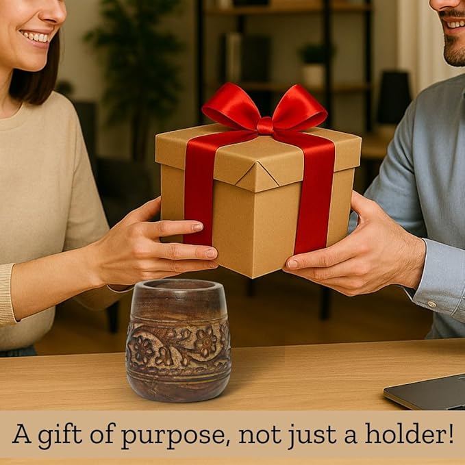 Mie Creations Designer Pencil Holder for Desk Wood | Wooden Pen Stand, Paintbrush Cup, Desk Accessories, Cute Make Up Brush Organizers | Office Desktop Stationery, Mothers Day Gift for Mom- 4'' Brown