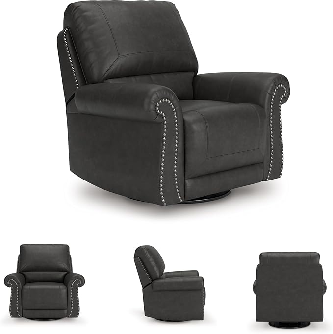 Signature Design by Ashley Chatterton Classic Faux Leather Manual Rocker Swivel Glider Recliner with Nailhead Trim, Black