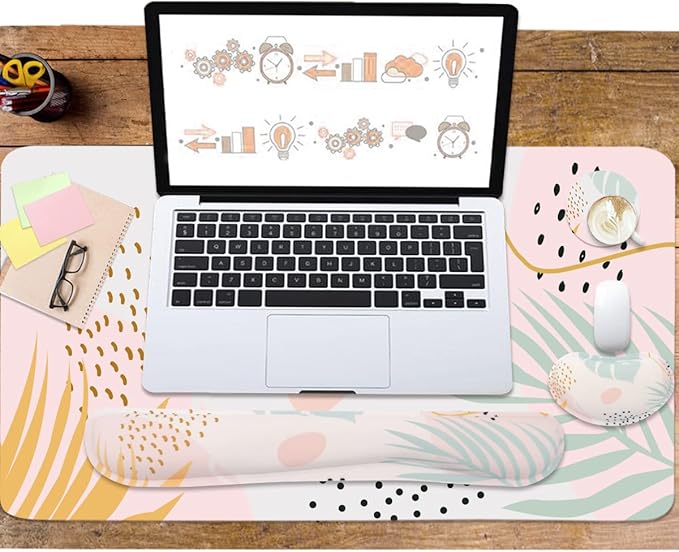 Keyboard Mouse Pad Set, Extended Mouse Pad+Keyboard Wrist Rest Support, Memory Foam Ergonomic Easy Typing, 3Pcs (35.4×15.7 in) Desk Pad Set for Home Office Study Game-Plant