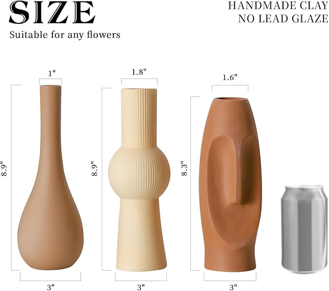 Ceramic Flower Vase Set of 3, Home Decor Vases for Centerpieces, Tulips Flowers Pampas Grass Decor, Boho Rustic Farmhouse Kitchen Bedroom Bathroom Living Room Office Wall Decor Aesthetic -Beige