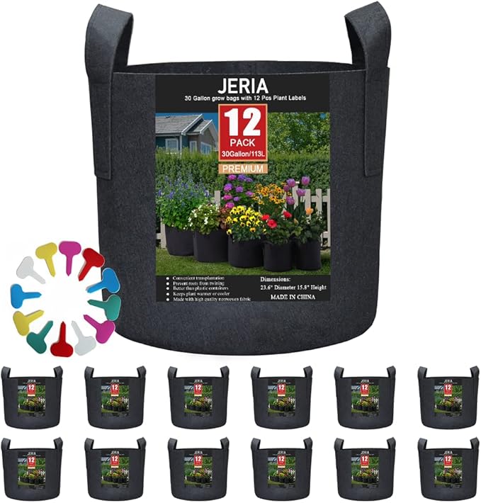 JERIA 12-Pack 30 Gallon, Vegetable/Flower/Plant Grow Bags, Aeration Fabric Pots with Handles (Black), Come with 12 Pcs Plant Labels