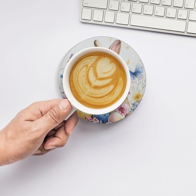 Easter Bunny Colorflu Eggs Coasters for Drinks Rabbit Wildflowers Butterfly Absorbent Ceramic Coaster Set of 4 for Coffee Table Cup Bar Desk Round Coasters Mat with Cork Base Seasonal Home Decors