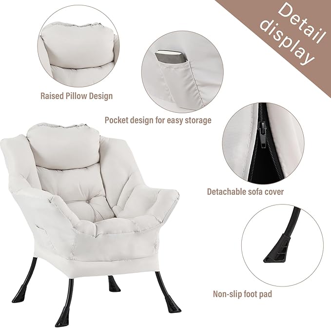 Welnow Lazy Chair for Living Room, Modern Reading Lounge Accent Chair with Armrests and a Side Pocket, Leisure Upholstered Lazy Sofa for Small Space, Bedroom, Dorm, Beige