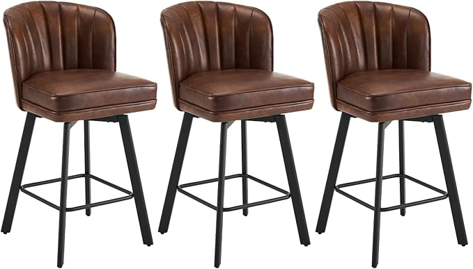 Swivel Counter Height Bar Stools Set of 3, 26'' Modern Barstools with Backs and Metal Legs, Upholstered Bar Chairs, Faux Leather Brown Stools for Kitchen Island Chairs