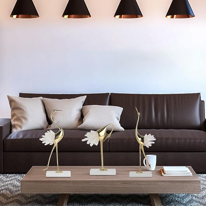 suruim Elegant Gold Crane Bird Statues with Crystal Tail Accents, Decorative Brass Figurines for Home Decor (White B)