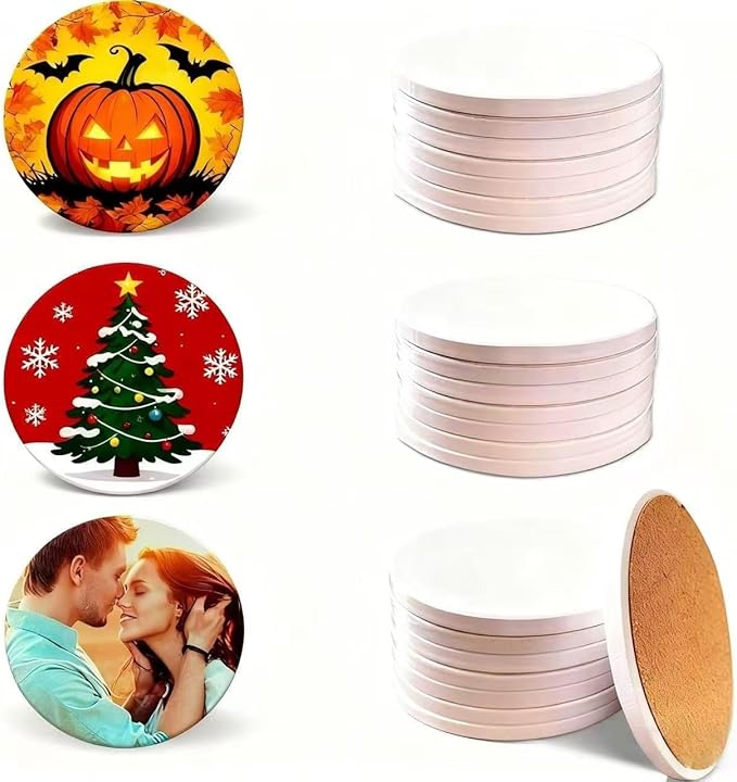Sublimation Blanks Drink Coasters - Glazed Round Ceramic with Cork Backing Pads Absorbent Coasters,Thermal Transfer of Any Image, DIY Christmas, Painting and Home Decor (24 Pack)