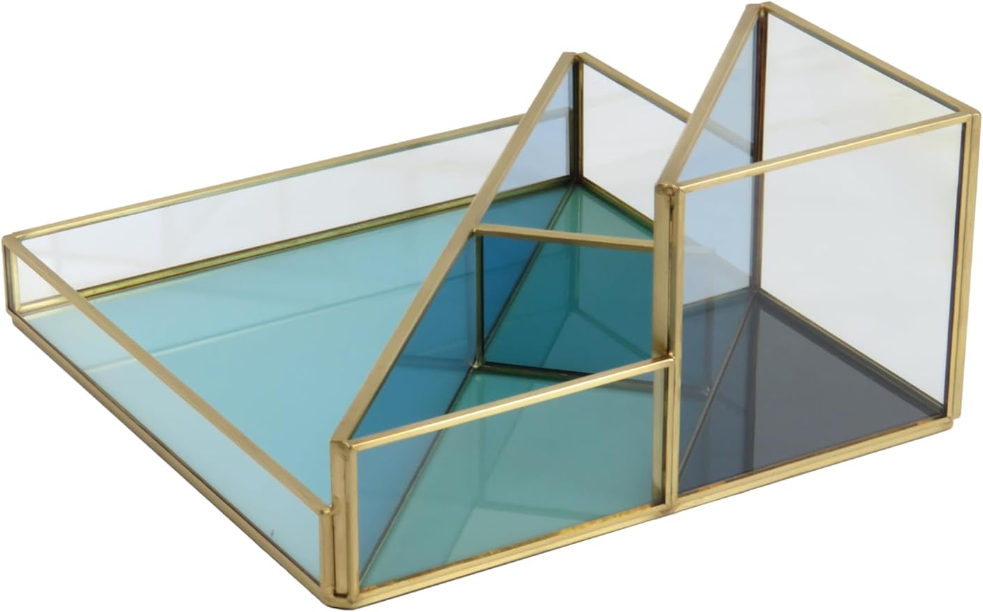 Gold & Blue Glass Desk Organizer - Elegant Office Decor, Aesthetic Makeup Brush Holder & Skincare Organizer, 4-Compartment Pen Holder, Pencil Cup, Vanity & Cosmetic Storage, Desk Accessories for Women