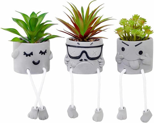 Set of 3 Artificial Succulents Potted Plants Faux Succulents Desk Decoration Fake Mini Plants in Grey Pots Faux Plants Kitchen Shelf Desk Decor Small Bathroom Decor for Shelves
